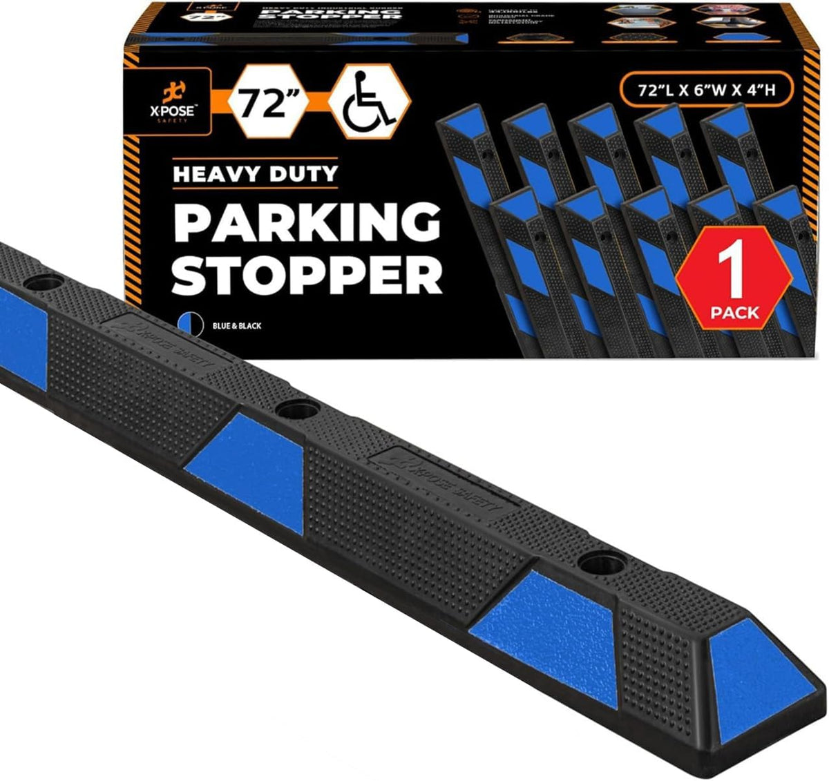 Xpose Safety Parking Stopper for Garage - Heavy Duty Rubber Car, Bumper Stop for Floor, Blue Reflective Strips, Removable Driveway, Ramp Wheel Block for Cars (72" - Pack of 1)
