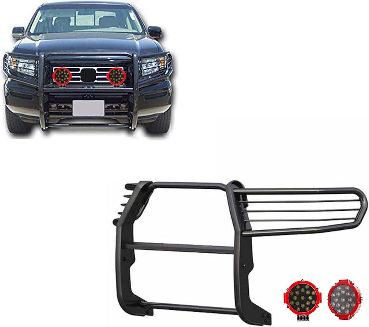 Black Horse Grille Brush Bumper Guard Modular Black Come with Pair of 7.0" Dia.LED Lights with Red Trim Rings Compatible with 2006-2014 Honda Ridgeline-17A152500A1MA-PLR