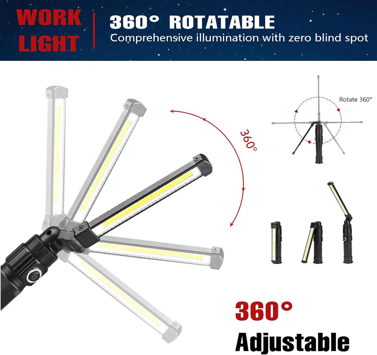 Rechargeable Work Light, 360° Rotate Design, Magnetic LED Work Light Foldable Flashlight,5 Lighting Modes ,Mechanic Light, Portable Outdoor Lamp for Car Repair,Camping, Emergency