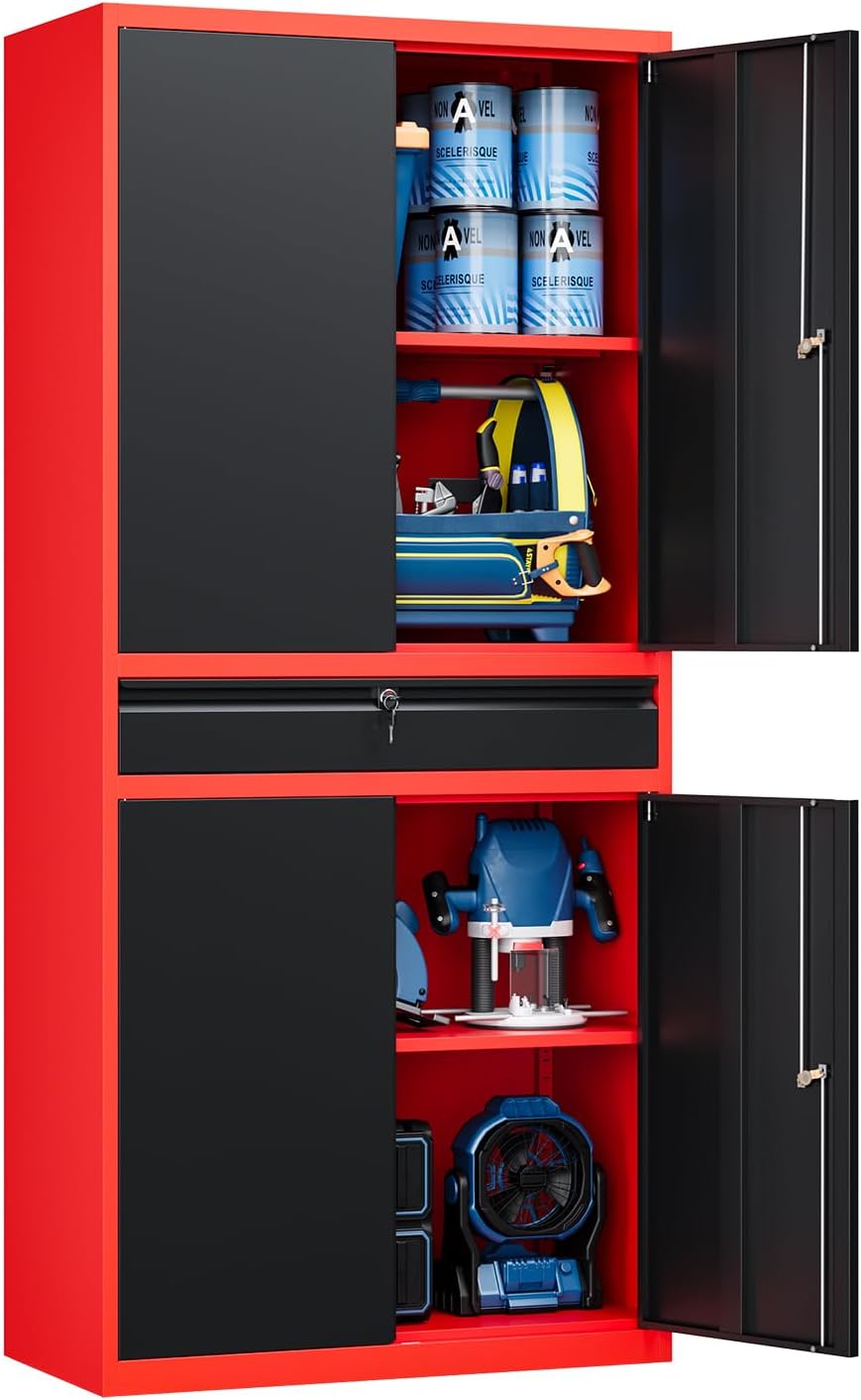 Yizosh Metal Garage Storage Cabinet with Locking Doors and Adjustable Shelves,- 71" Tool Storage Cabinet with 1 Drawer for Garage,Office,Warehouse