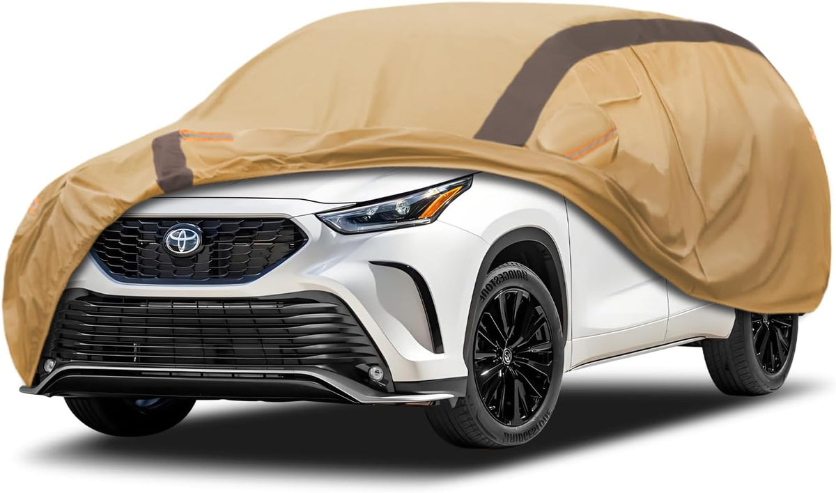 Highlander Car Cover Waterproof All Weather Compatible with Toyota Highlander 2007-2024, Outdoor Dustproof Anti-UV Sun Rain Protection Full Exterior Cover(Camel with Brown)