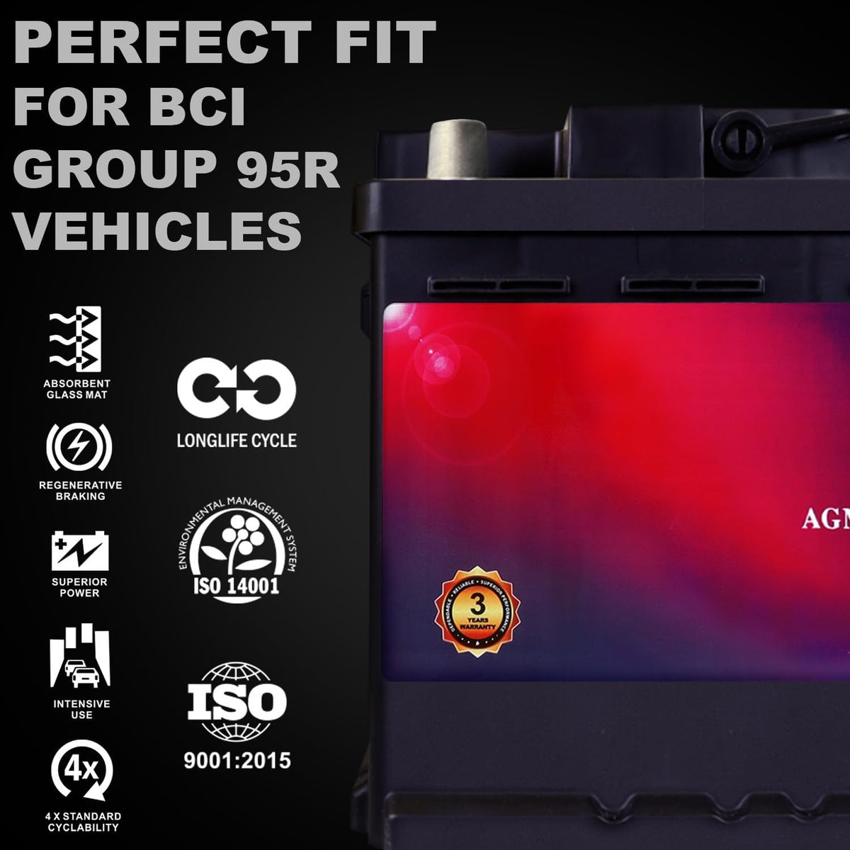 Mighty Max Battery MM-H9 Start and Stop Car BCI Group 95R 12V 100AH, 190RC, 950CCA Rechargeable AGM Car Battery