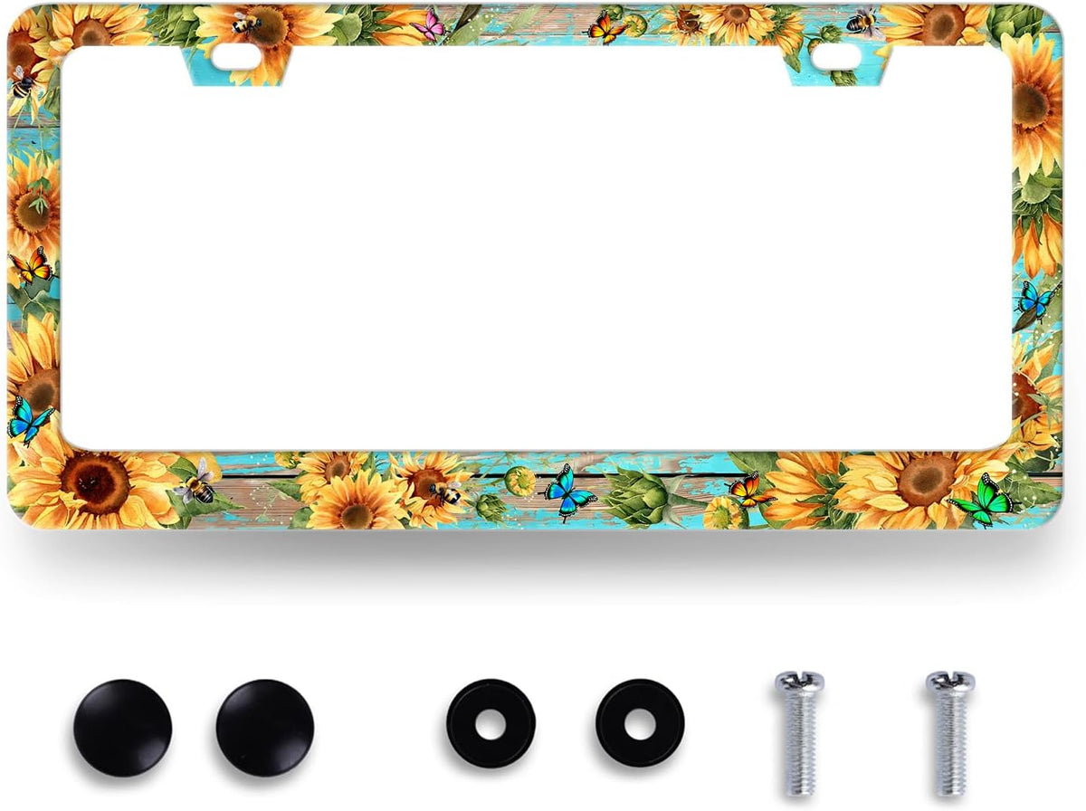 Butterfly Sunflower License Plate Frame Wooden Board Flowers Animals License Plate Holder Stainless Steel Front and Rear Car Tags Auto Parts Colorful License Plate Decoration with Screws 12.2" x 6.2"
