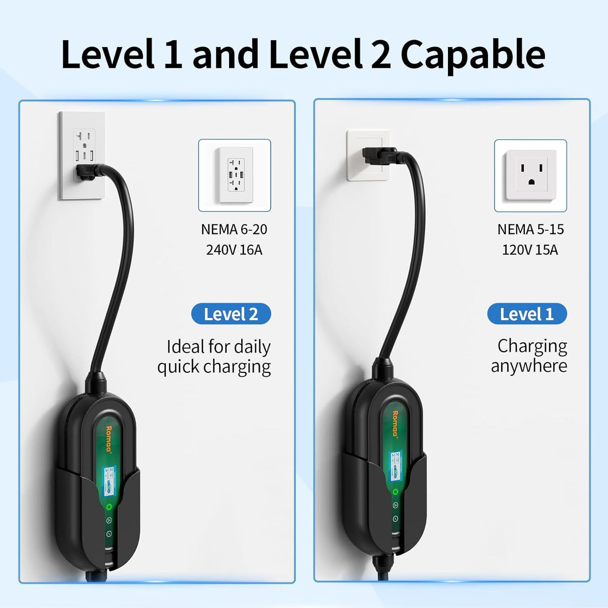 Level 1&2 Portable EV Charger (APP Control & Timer), Adjustable 8-16A 110V-240V, Dual Plugs: NEMA 6-20 & 5-15, 25FT Charging Cable w/ J1772 Connector, ETL/FCC Certified for All EVs/PHEVs