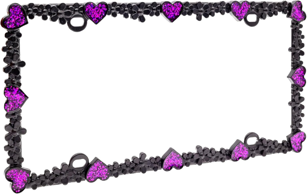 Creathome 3D Shining Daisy Heart License Plate Frame from Pure Zinc Alloy Metal Perfect Plate Holder, Matt Black with Purple Glitter, Luminously Heart