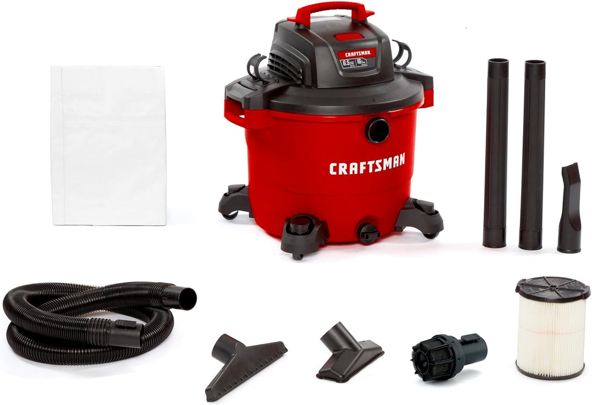 CRAFTSMAN CMXEVBE18695 16 Gallon 6.5 Peak HP Wet Dry Vac, Heavy-Duty Shop Vacuum Wet and Dry with Filter, Muffler/Diffuser, Dust Bag, Hose and Attachments for Home Projects & Renovations