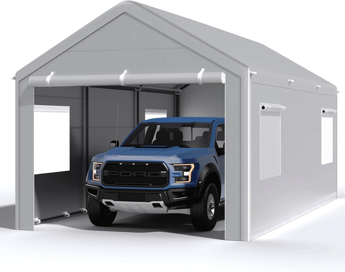 Carport 10x20 Ft, Heavy Duty Car Canopy with Reinforced Ground Bar, Portable Garage with Roll-up Windows and Removable Sidewalls, Galvanized Car Shelter, Large Outdoor Storage Shed (Grey)