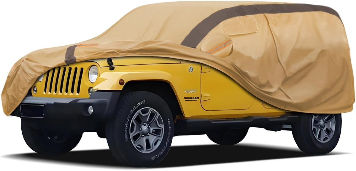 Heavy Duty Waterproof Car Cover Compatible with Jeep Wrangler 4 Doors 2006-2024 JK JL, Outdoor Anti-UV Sun Rain Protection Full Exterior Cover (Camel with Brown)