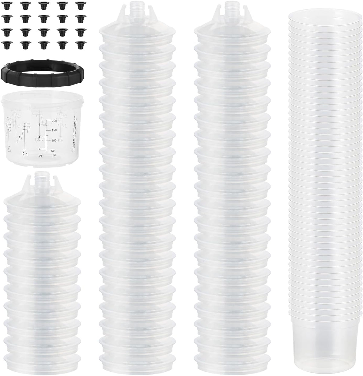Disposable Paint Spary Gun Cups(200ML/6.7OZ), Spray Paint Cup Kit with 50 Cup Liners, 50 Lids, 20 Sealing Plugs, 1 Retainer Ring, 1 Hard Cup for Automotive Paint Gun
