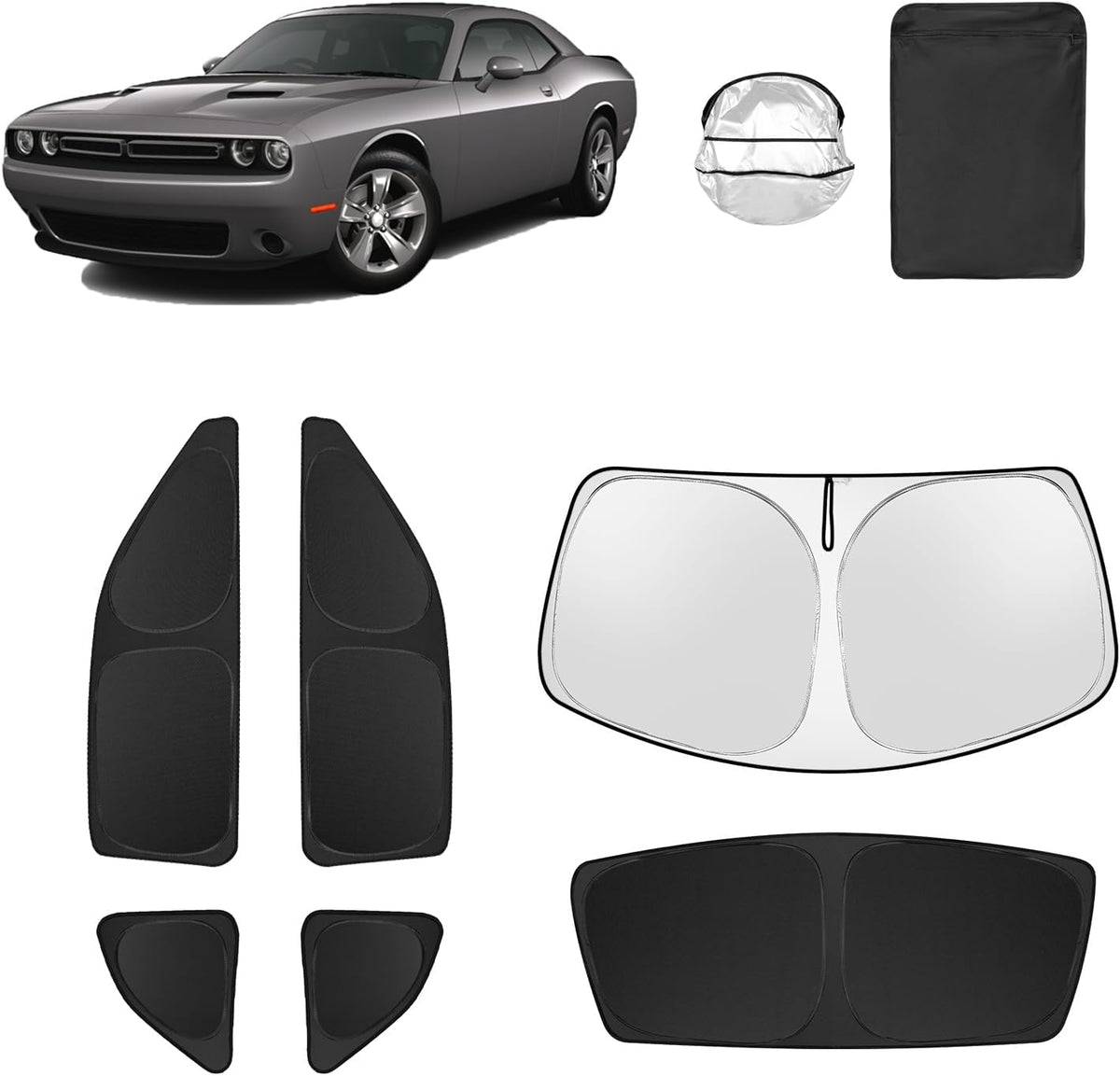 6pcs Car Window Shades for Dodge Challenger 2015-2023 (SXT, RT, GT) Accessories,Windshield Side Rear Full Sunshade,Sun Visor UV Blocking, Privacy Protection and Blackout for Camping Outdoor
