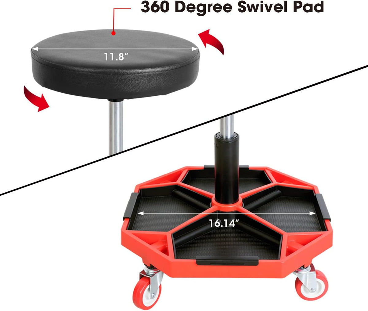 Torin ATRXF8308B Pneumatic Mechanic Stool/Rolling Shop Creeper Seat with Adjustable Height and 4 Removable Tool Trays, 300 lb Capacity, Black/Red