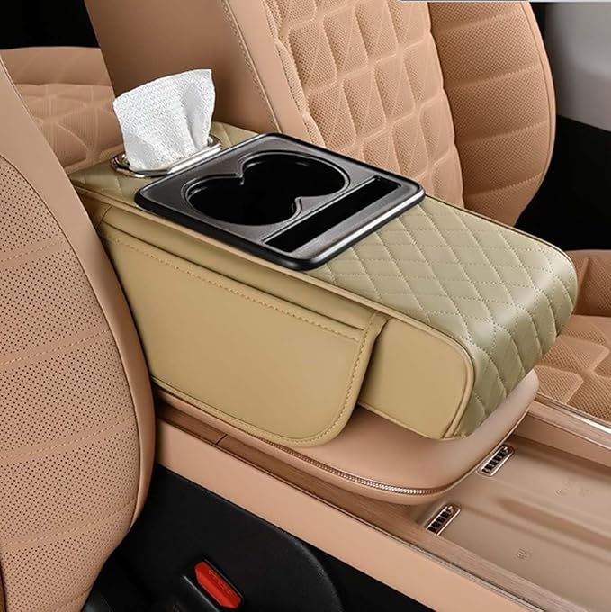Car Armrest Cushion,5-in-1 Center Console Cover with 2 Storage Bags Cup Holder, Tissue Box Slot, Phone Slot for Sedans, Car Accessories Interior Organizers (Beige)