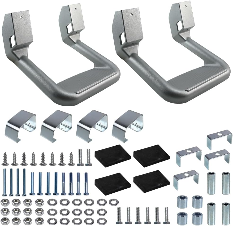 RULLINE Silver Powder Coated Truck Side Step Set - 2 Pieces (1 Pair) with Mounting Brackets - Compatible with Chevy (Chevrolet), Ford, Toyota, GMC, Dodge RAM, and Jeep Trucks