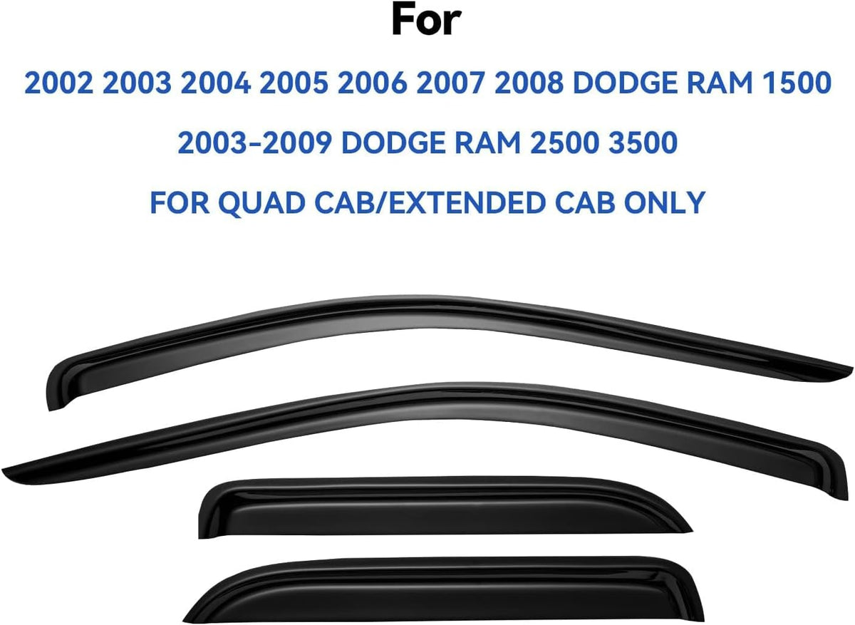 Window Visors Rain Guards for 2002-2008 Dodge Ram 1500 Quad Cab/Extended Cab, Window Vent Wind Deflectors Visors Shades for 03-09 Dodge Ram 2500 3500 Extended Cab