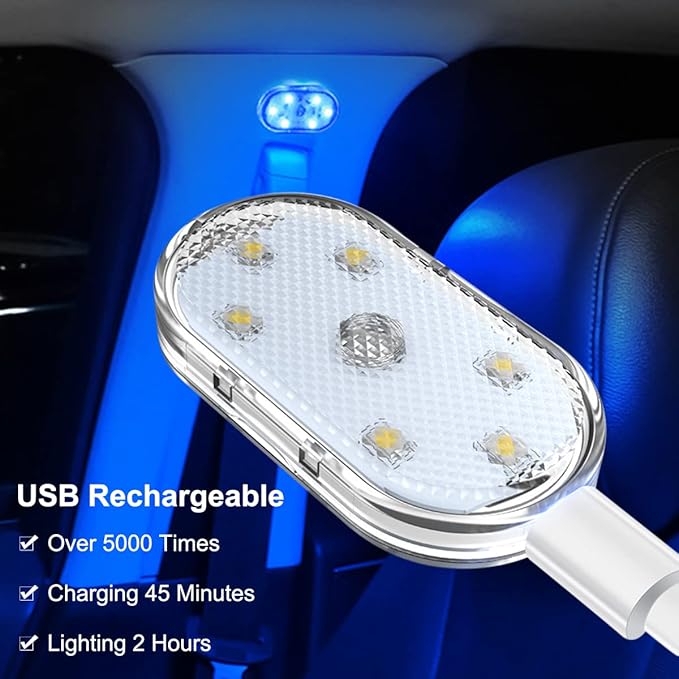 4Pcs Car LED Lights Interior Wireless, 7 Colors Interior Car Lights with 6 Bright LED Lamp Beads, Portable USB Rechargeable Car Interior Led Night Light for Car Decor