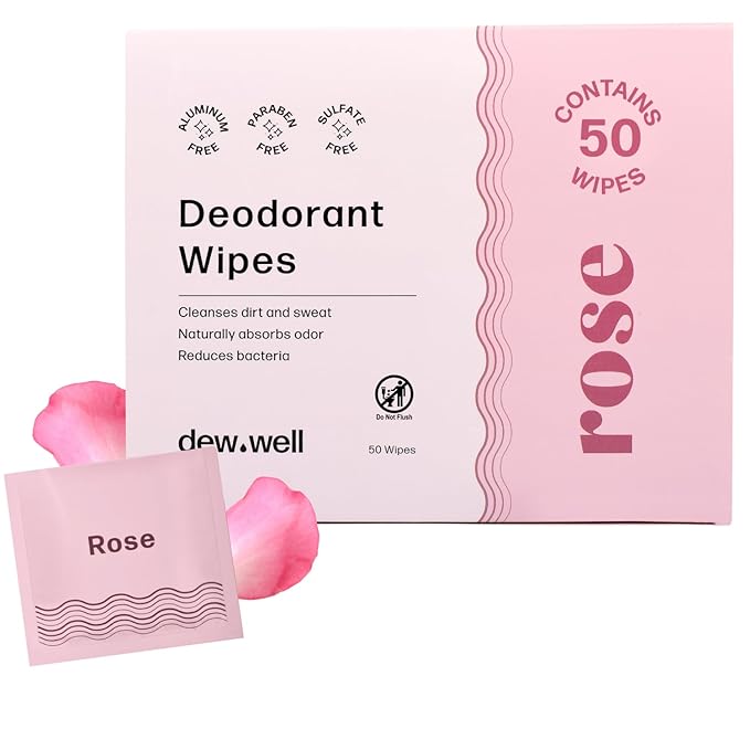 Dew Well Deodorant Wipes - Individually Wrapped Armpit Wipes - Aluminum Free Body Sheets with Natural Extracts - Rose Towelette for Travel - 50 Count, Pack of 1, Rose