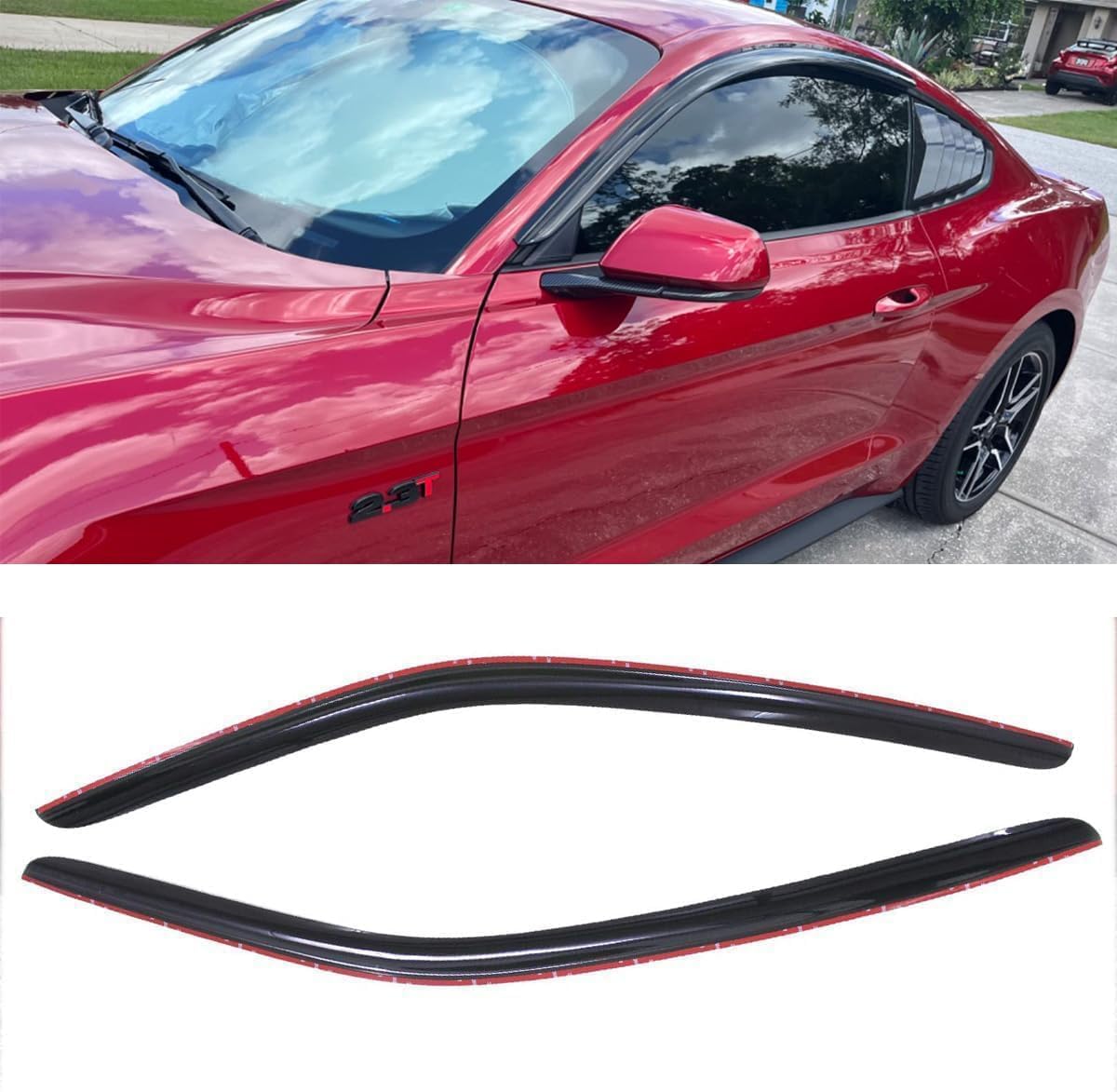 2pcs Original Shatterproof Outside Mount Style Sun Rain Guard Durable Side Window Wind Deflectors Dark Smoke Vent Window Visors Compatible with Ford 2015-2023 Mustang 92359
