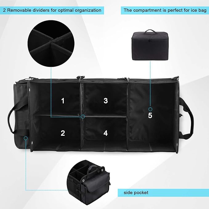 Large Trunk Organizer for Car, SUV, Truck with Removable Cooler Bag-Collapsible Multi Compartments w/Foldable Cover, Non Slip Bottom Cargo Storage (Black)