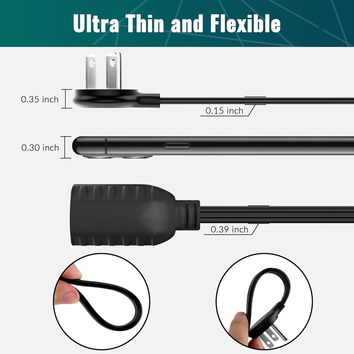 Elecan Flat Plug Extension Cord 1 Ft 2 Pack with Slim Space-Saving Plug Design, Thin Flat Cable Low Profile Power Cord 3 Prong Grounded Wire, 16 Gauge 13 A/125 V-Black-ETL Certified