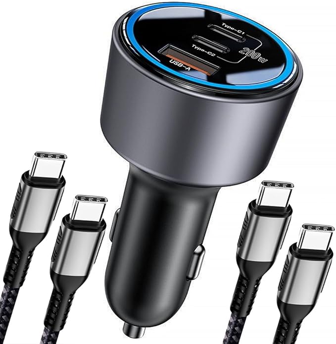 200W Car Charger, USB C Car Charger PD3.0 QC4.0 PPS Fast Charging Car Adapter with 2 100W USB C Cable 3 Port Type C Cigarette Lighter for Dell XPS, MacBook, iPhone 16 15 14, Galaxy S24 Ultra, iPad Pro