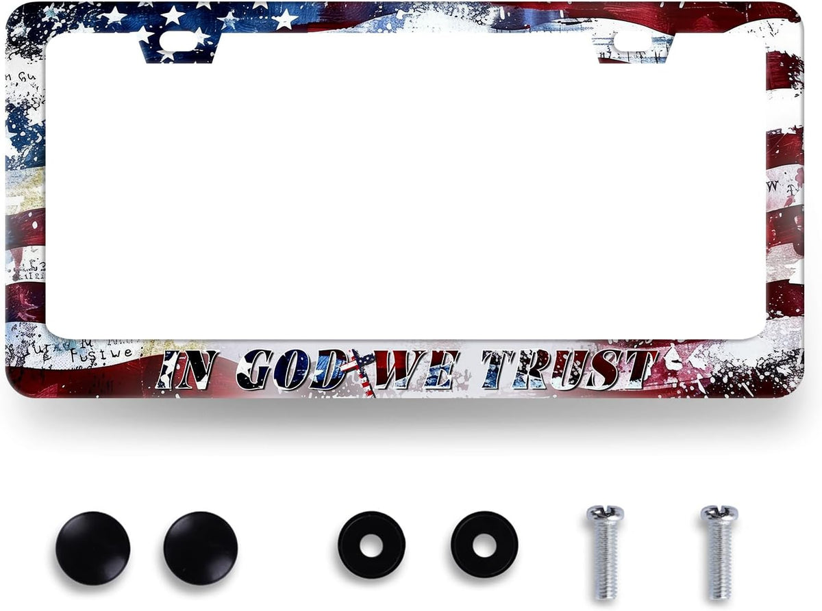 in God We Trust License Plate Frame Cross American Flag License Plate Stainless Steel Funny Accessories Cars Decor 12.2 X 6.2 Inch with 2 Holes and Screws Fits Standard Us Ca Vehicles