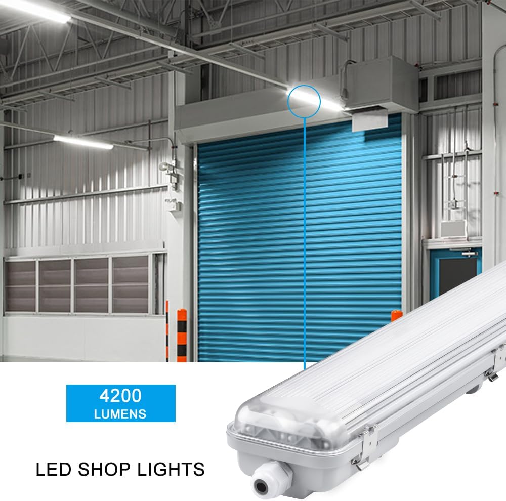 4FT Vapor Tight LED Light Fixture 4200LM 48W, 6500K Bright White IP65 Waterproof for Warehosue, Factory, Workshop, Garage, Car Wash，Indoor/Outdoor Ceiling Lights (8-Pack)