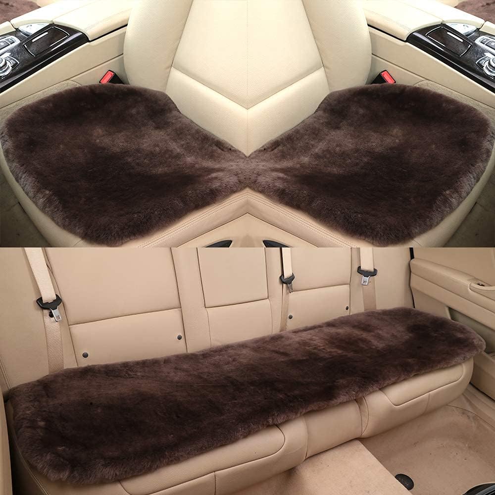 Fluffy Genuine Australia Sheepskin Car Seat Cover for Auto Interior Accessories with Soft Fuzzy Wool Eco-Friendly Natural Fur Non-Slip (Teak, Front)