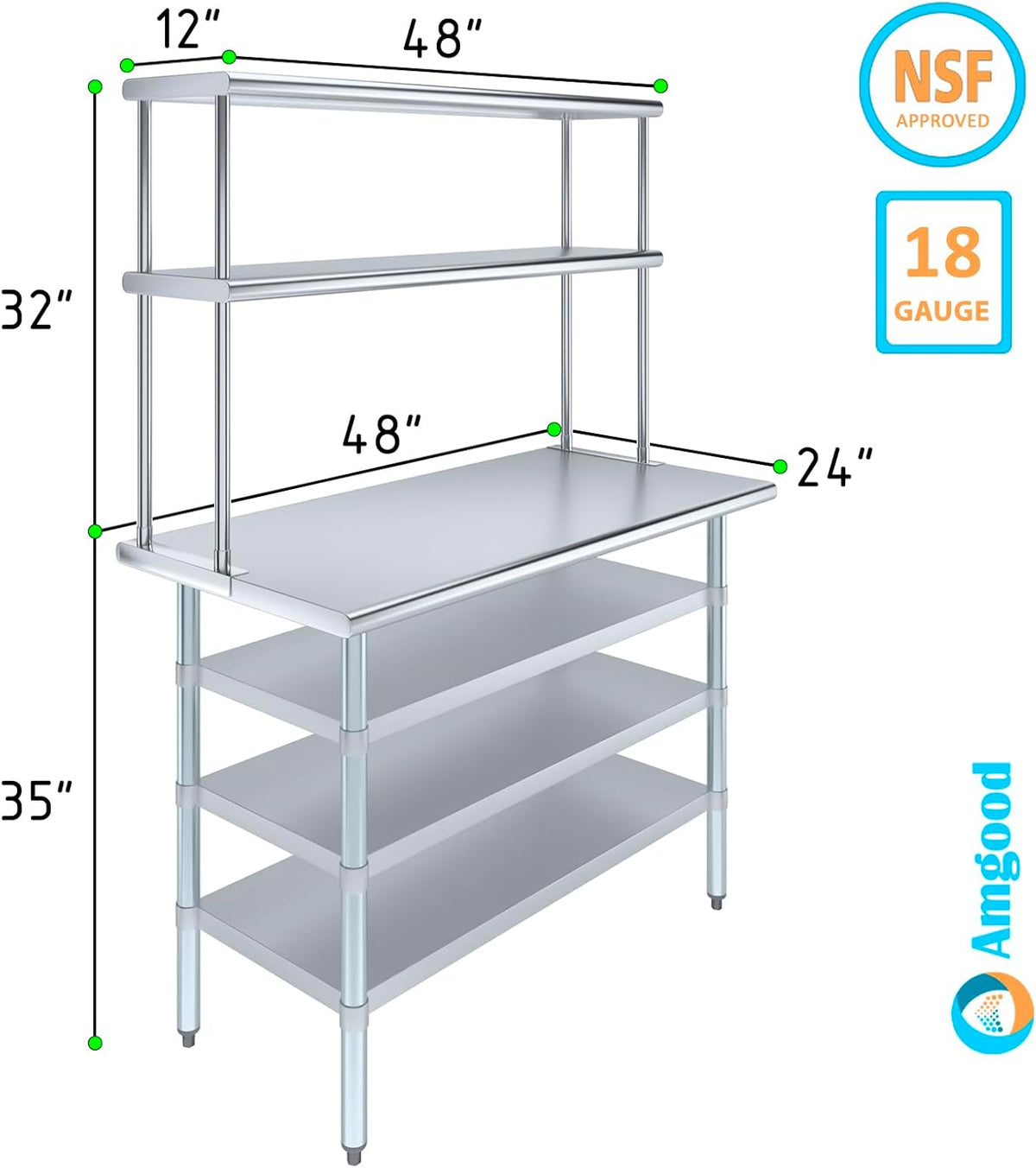 Amgood (24" x 48" Stainless Steel Work Table with 3 Shelves and 12" Wide Double Tier Overshelf | Metal Kitchen Prep Table & Shelving Combo | NSF