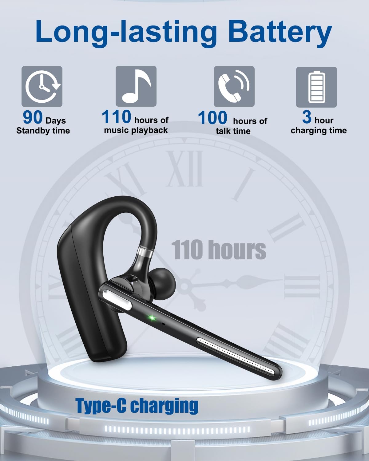 Bluetooth Headset V5.4, Wireless Bluetooth Earpiece with CVC8.0 Dual Mic Noise Cancelling 110 Hours Talktime for Cell Phone/iPhone and Android Headphones for Trucker/Driver/Business