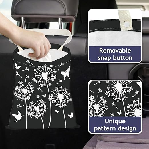 Dandelion Print Car Trash Bag Hanging Garbage Bag with Snap Buttons Car-Back Seat Trash Storage Portable Dustbin for Car Interior Accessories Travel Camping