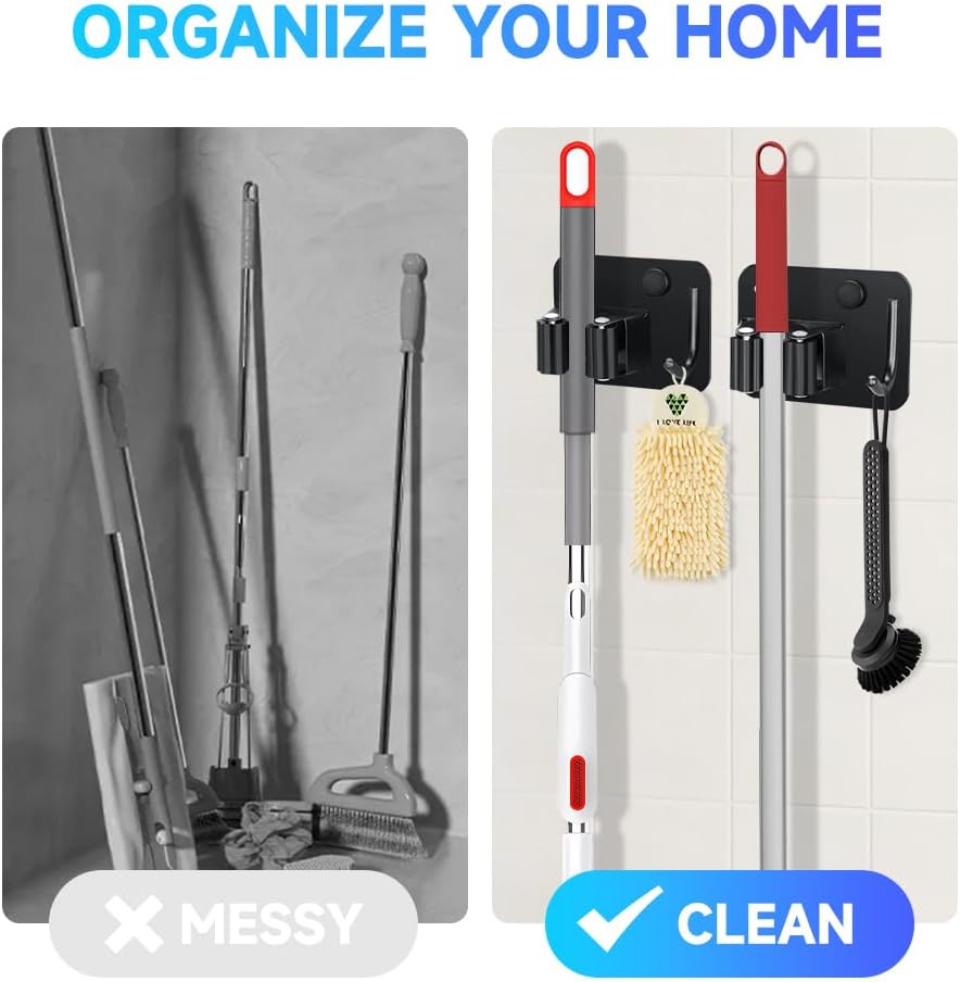 4-Pack Broom Holder with Heavy Duty Hooks, Upgraded Stainless Steel Mop Hanger. Wall Mount Utility Tool Rack for Kitchen Garden Laundry Garage. Matte Black.
