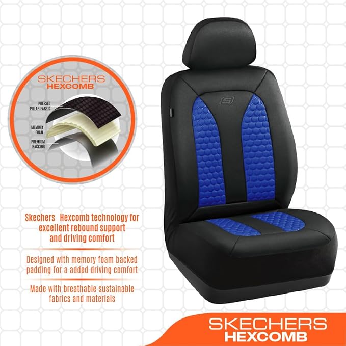 Skechers Memory Foam™ Car Seat Cover Full Sets, Hexcomb Breathable Thick Seat Covers, Airbag Compatible, Automotive Comfort & Protection for Most Cars,Van,Trucks, SUVs (Blue,Full Set)