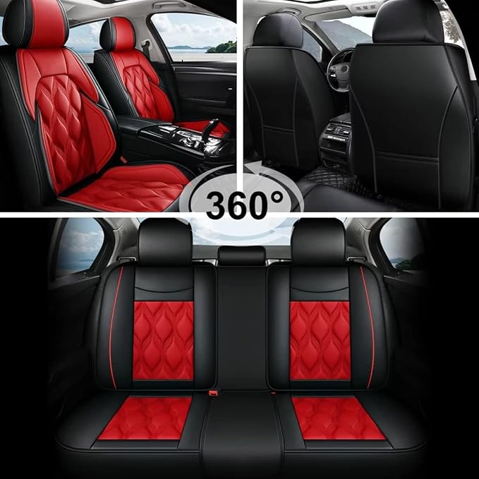 AOMSAZTO Car Seat Covers Full Set Fit for Volkswagen Jetta 2008-2026 Waterproof Faux Leather Car Seat Cushions Automotive 5 Seat Covers Set（Black&Red）