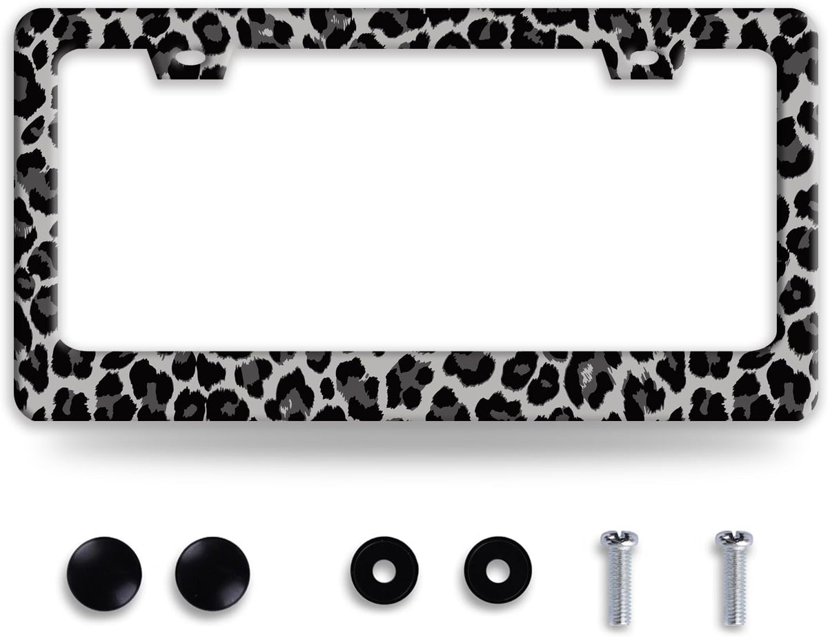 Black Gray Leopard Print License Plate Frame Beautiful Cheetah Print License Plate Holder Funny Stainless Steel Accessories Cars Decor with 2 Holes and Screws Fits Standard Us Ca Vehicles 12.2 X 6 in