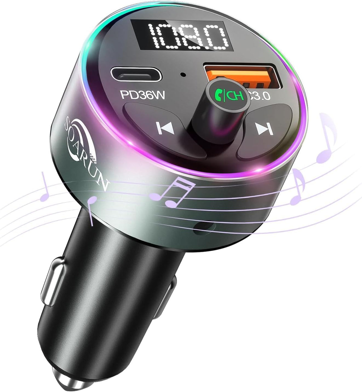 FM Transmitter Bluetooth 5.3 - SOARUN Fast Car Charger Adapter 54W [PD 36W & QC3.0 18W], Support Wireless Radio, Aux 3.5mm, Hands-Free Calling with 9 Colors LED Backlit