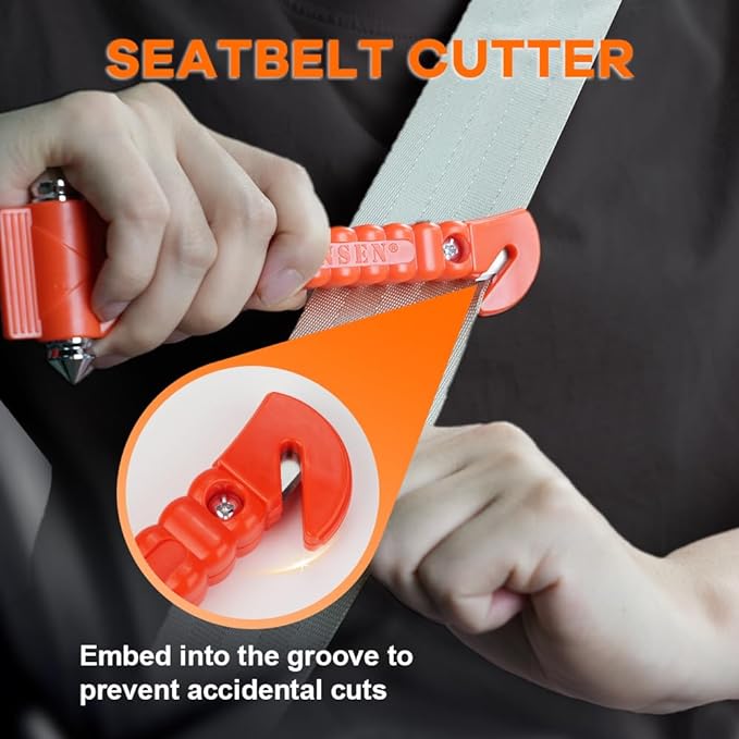 SINSEN Car Safety Hammer, Window Glass Hammer Breaker and Seat Belt Cutter Emergency Escape Tool Auto Car Escape 2-in-1 for Family Rescue & Automotive Escape Tools, Reflective Tape, Set of 4 (T-04)