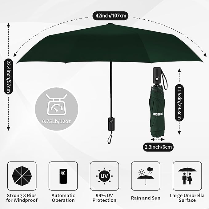Yoobure Windproof Travel Umbrella - Automatic Umbrellas for Rain, Compact Folding Umbrella with UV Protection, Lightweight Portable Design for Backpack/Walking/Car, Sun & Storm Ready