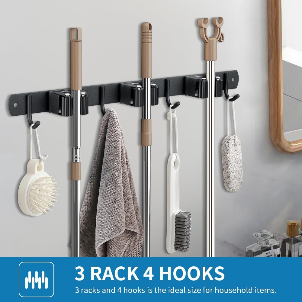 Broom Hanger and Mop Holder, Heavy Duty Garden Tool Organizer Rack Rake and Shovel Handle, Stainless Steel Wall Mounted Utility Rack with Screws (5 Racks with 4 Hooks, Matte Black).