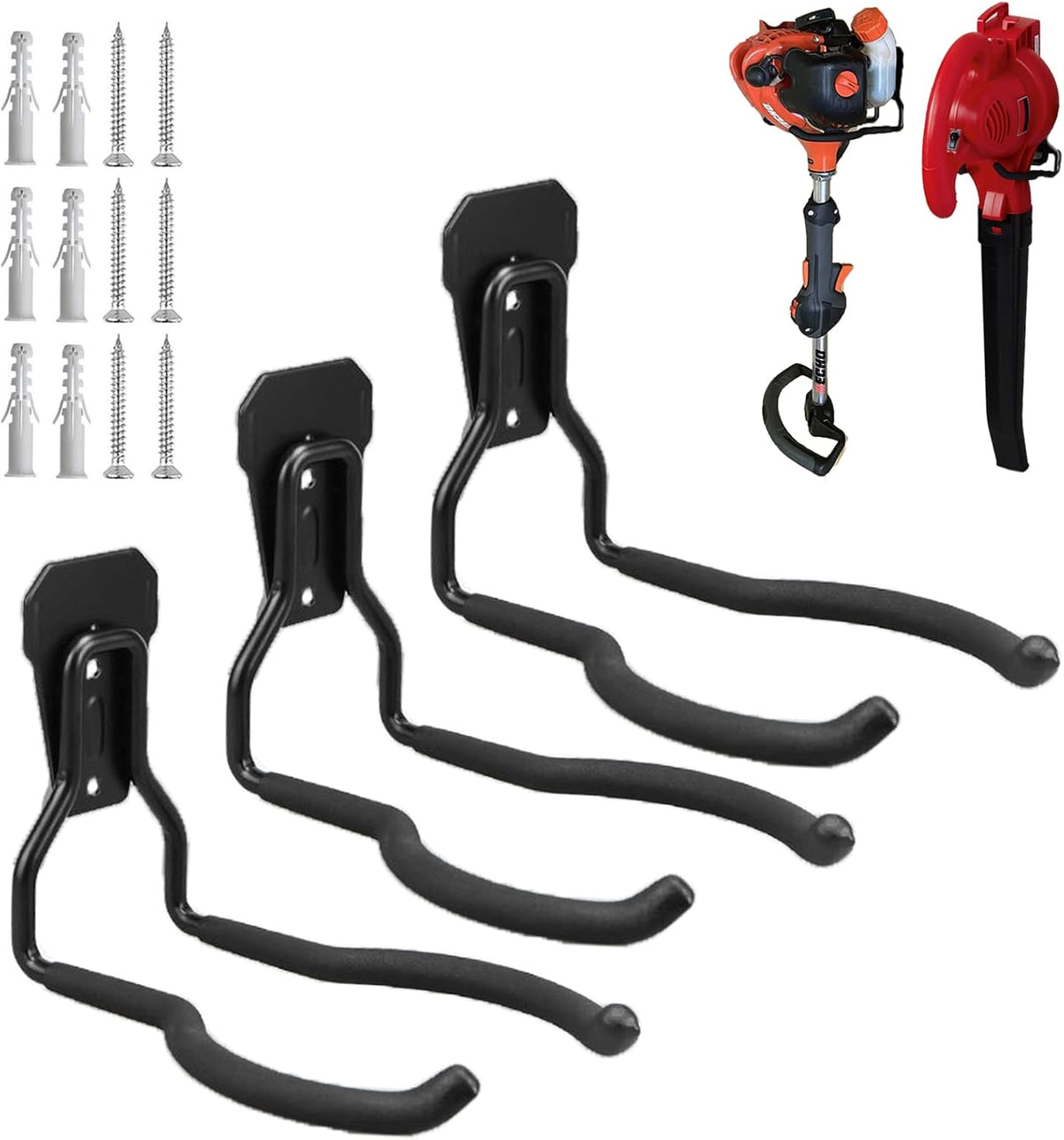 Garden Power Tool Hanger - Garage Wall Hooks, Weedeater & String Trimmer Hanger - Utility Hooks for Garage Tool Organizers and Storage - Black, 3 Pcs