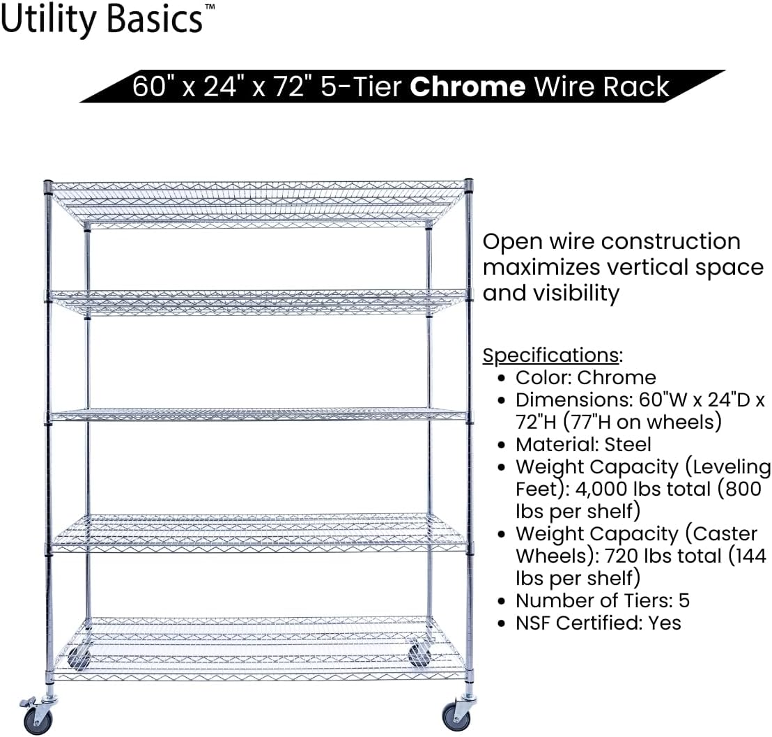 60"x24"x72" Chrome 5-Tier PREMIUM Wire Shelving NSF 4000 LBS MAX CAPACITY Heavy Duty Steel Storage Rack for Warehouses, Garages, Hospitals, Commercial Spaces, & Schools w/PREMIUM WHEELS