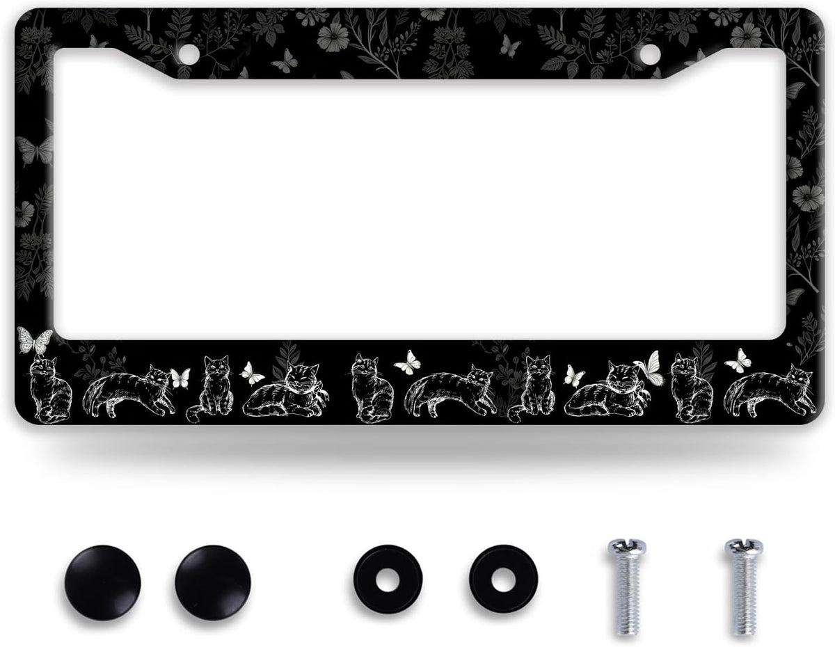 Black White Cat License Plate Frame Butterfly Floral License Plate Frames Funny Auto Accessories Bracket Stainless Steel License Plate with Screws 6x12Inch