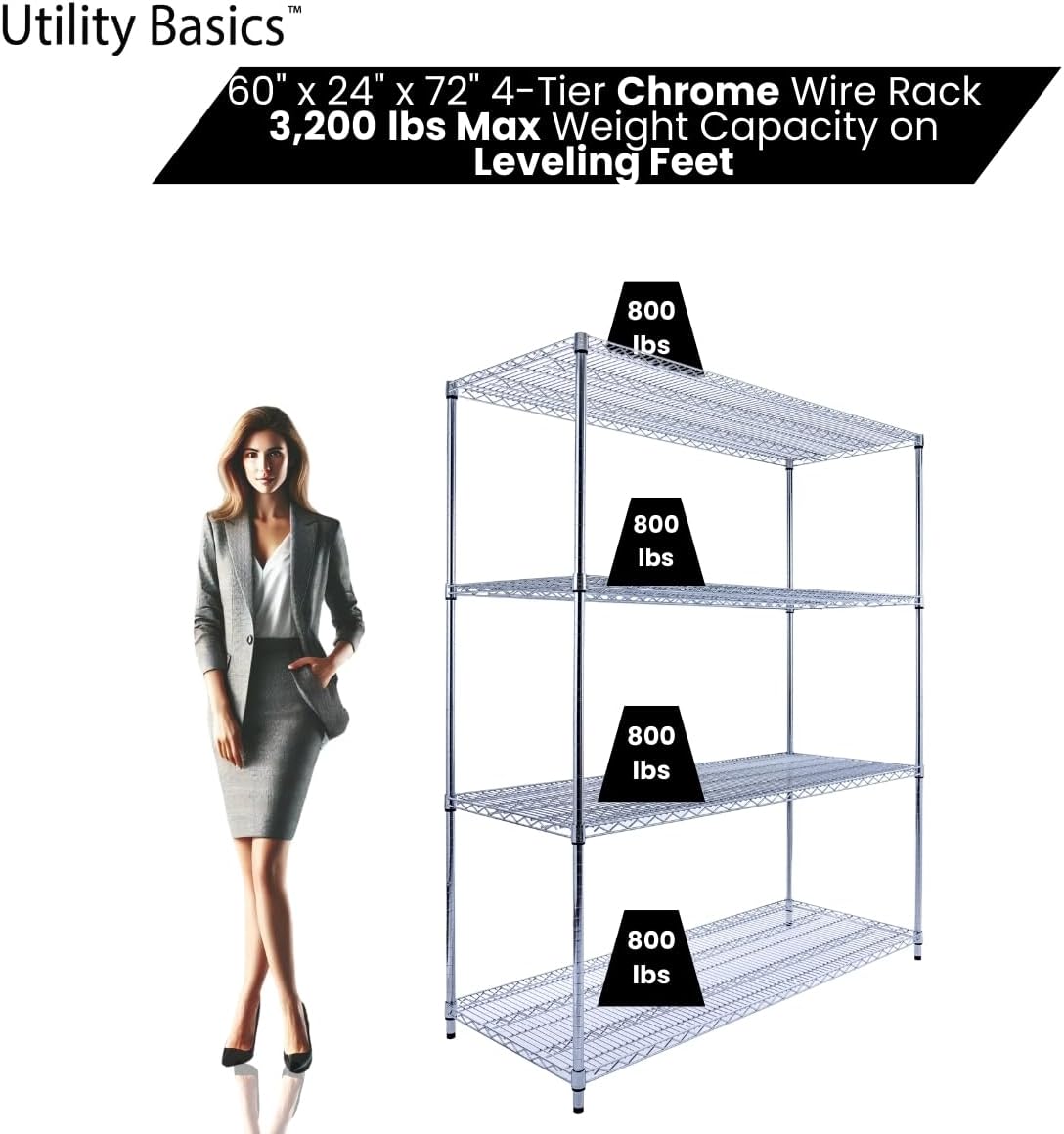 60"x24"x72" PREMIUM METAL STEEL 4-Tier Wire Shelving NSF 3200 LBS MAX Capacity Heavy Duty Storage Rack for Hospitals, Schools, Commercial Spaces, and Garages w/PREMIUM Wheels