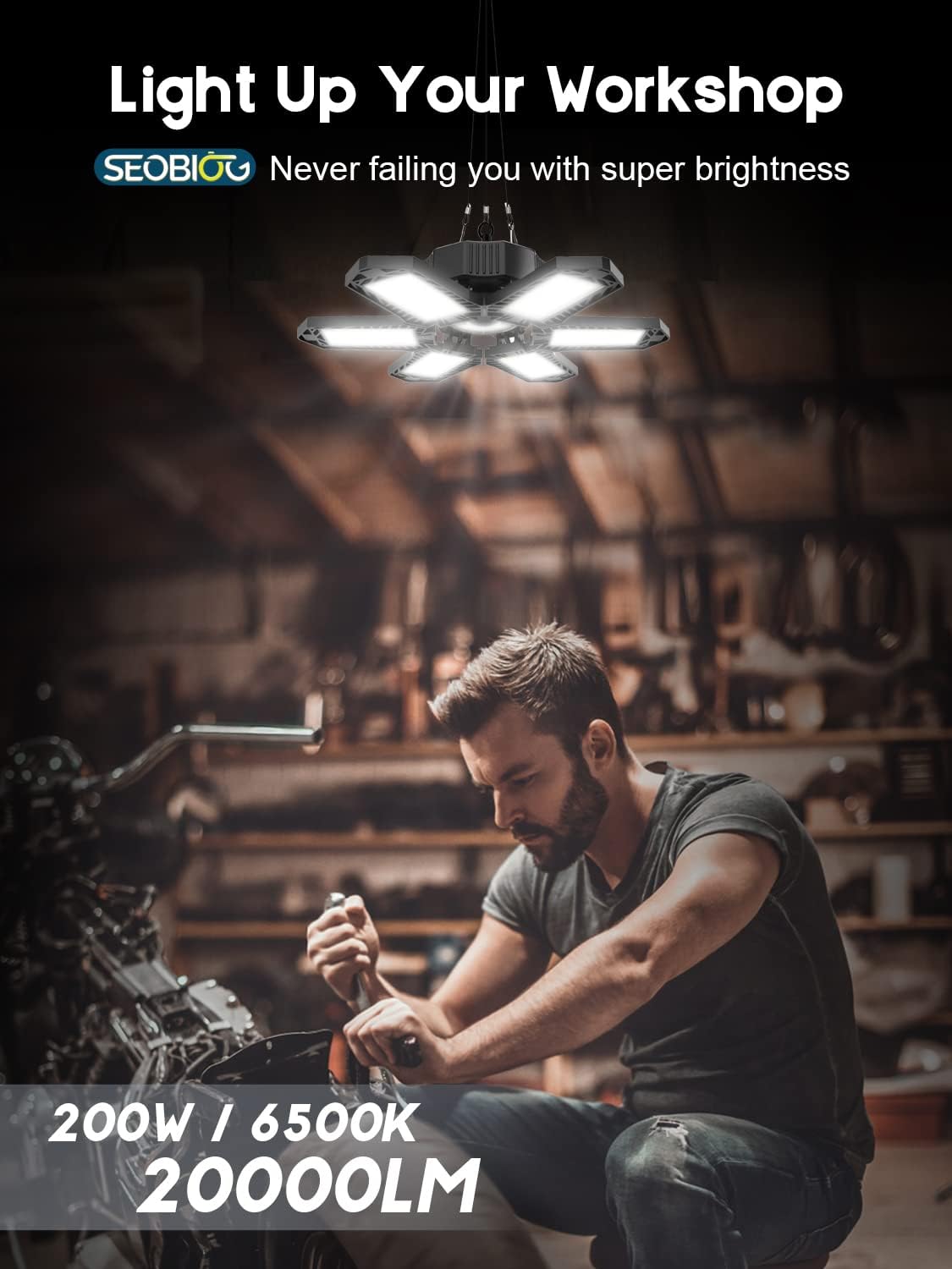 SEOBIOG LED Garage Lights 4 Pack, 200W 20000LM Plug in Linkable LED Shop Light, 6500K Ceiling Light Fixtures with 6+1 Deformable Panels for Garage, Work Bench (Built-in ON/Off Switch)