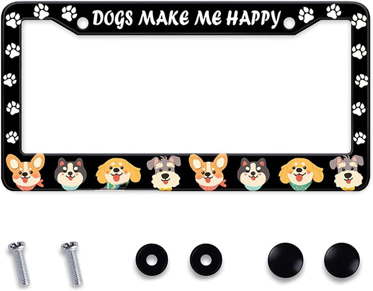 Dogs License Plate Frame, Lovely Puppies Dogs Paws Printed License Plate Holder Cover, Dogs Make Me Happy Metal Aluminum Rustproof Car Accessories for Women Men 2 Holes with Screw Caps