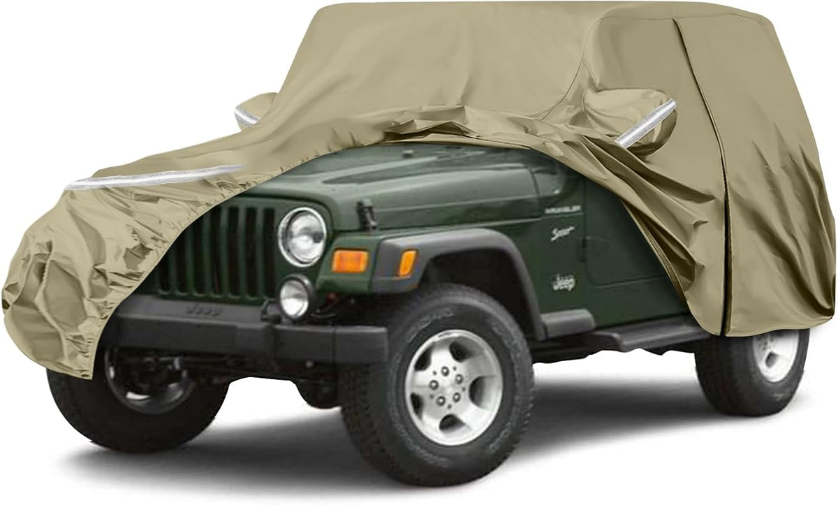 Waterproof Car Covers Replace for 1987-2006 Jeep Wrangler, Multilayer Heavy Duty with Cotton Liner All Weather Custom-fit Car Cover with Zipper Door, Windproof Bands for Snow Rain Dust Protection