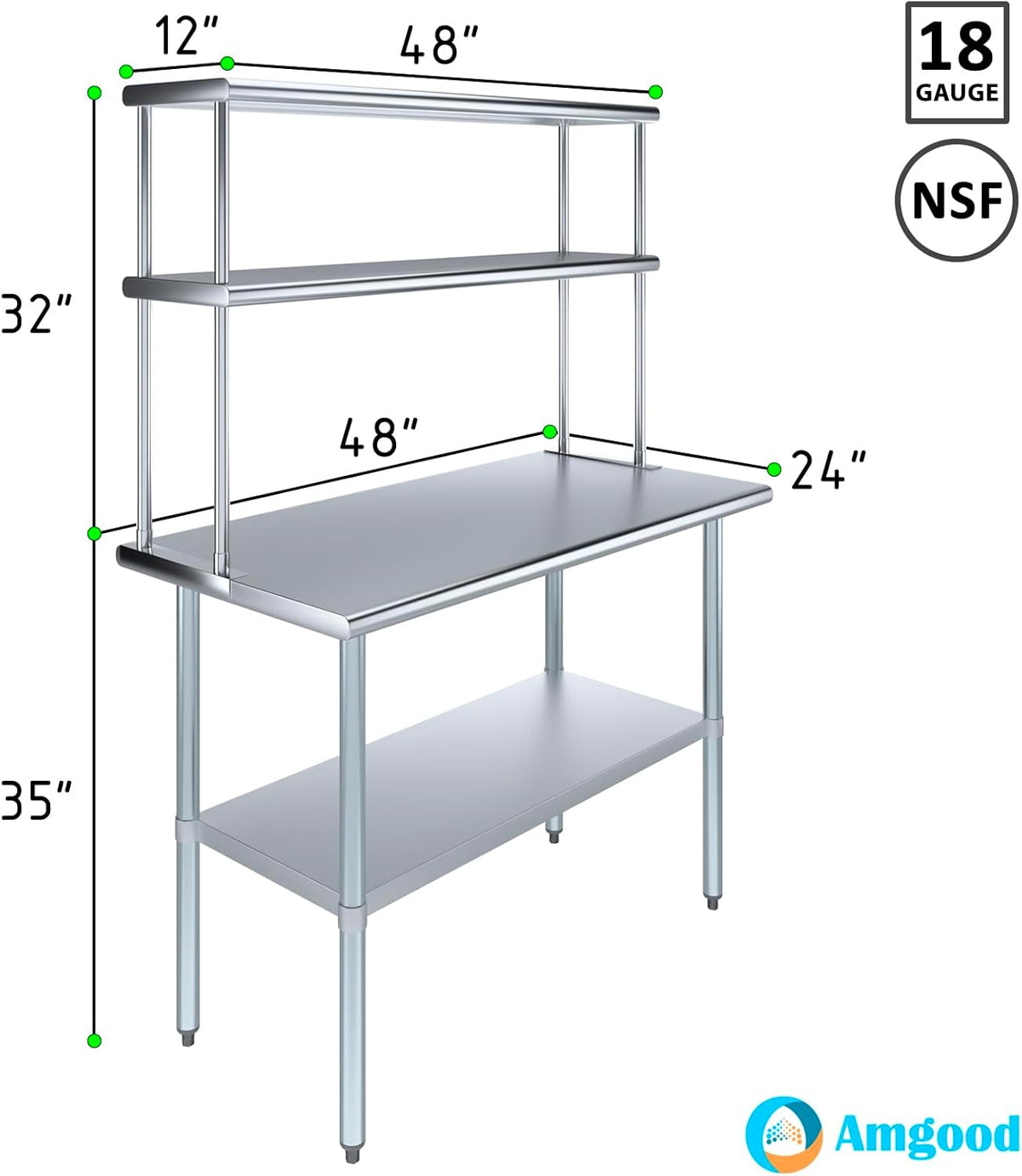 Amgood Stainless Steel Work Table Wide Double Tier Overshelf | NSF | Metal Kitchen Prep Table & Shelving Combo (24" x 48" Work Table + 12" Overshelf)