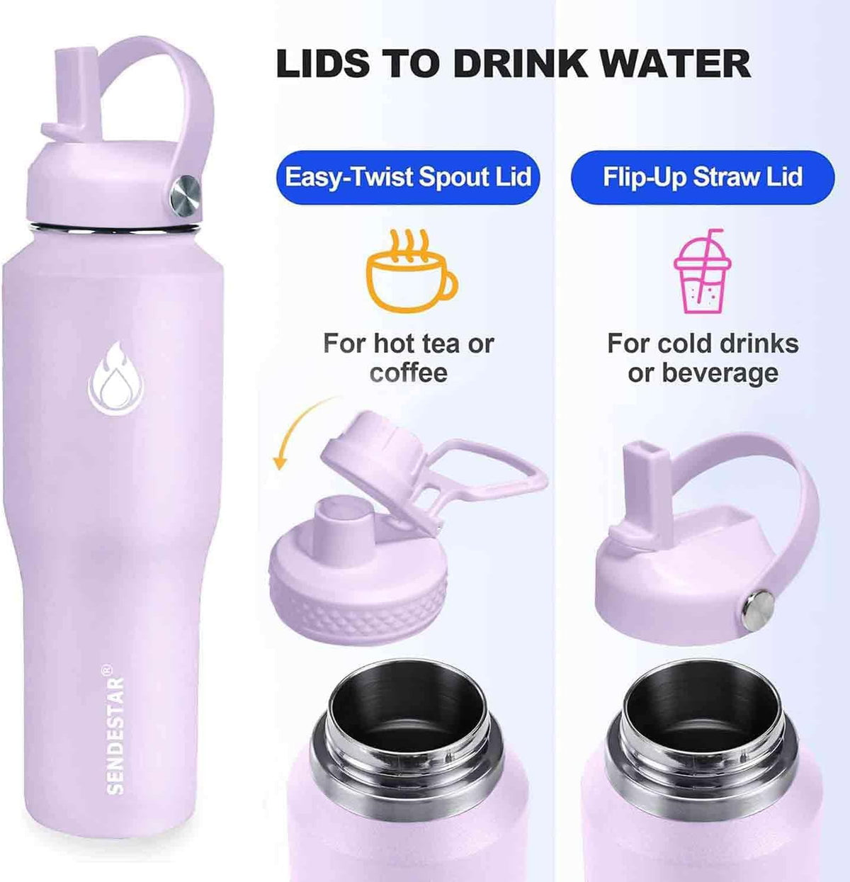 SENDESTAR 32oz Water Bottle Wide Mouth Stainless Steel Vacuum Insulated Double Wall with 2 Straw Lids Fit in Any Car Cup Holder TXIN-32-LV-1