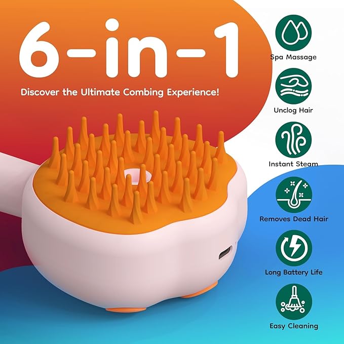 Steam Cat Brush, 6-in-1 Dog Brush Spritz Defur Comb with Pet Waterless Shampoo, Steamy Skin Friendly Deshedding Grooming Tool, Suitable for Shedding & Haired Pets, Pet Supplies Accessories, Pink