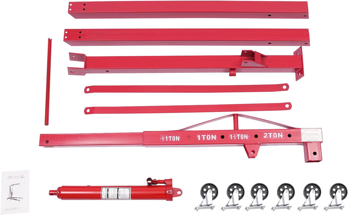 Folding Engine Hoist 2 Ton Engine Crane Lift with 6 Caster Wheels 4400LBS Steel Hydraulic Engine Crane 4 Adjustable Positions for Car Fixing Workshops Garages Warehouse(Sent in 2 Packages) (Red 1T)