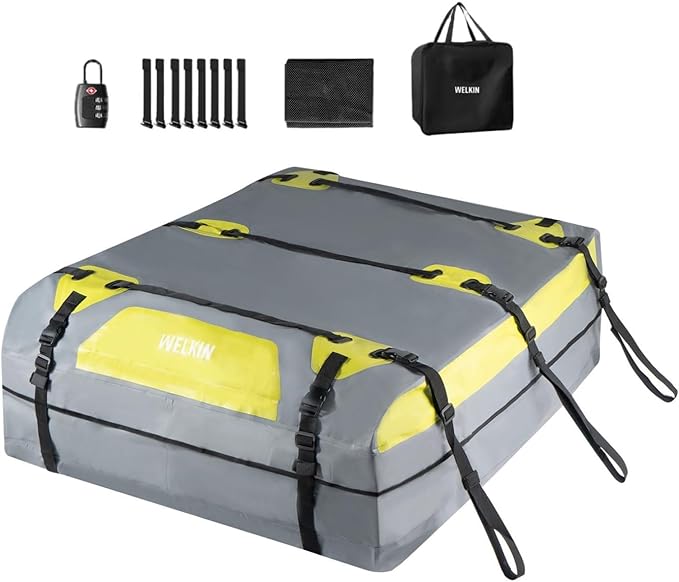 WELKIN Heavy Duty Rooftop Cargo Carrier Bag - 21 Cubic Waterproof Car Roof Bag for All Vehicles with/Without Rack - Includes Anti-Slip Mat, 8 Door Hooks, TSA Lock & Storage Bag - Reinforced Straps